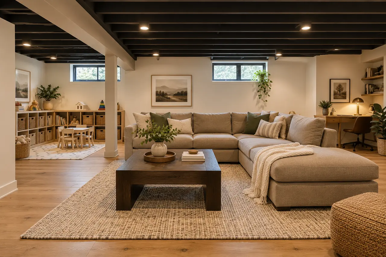 Warm basement living space with a sectional sofa, exposed dark ceiling, play corner and desk